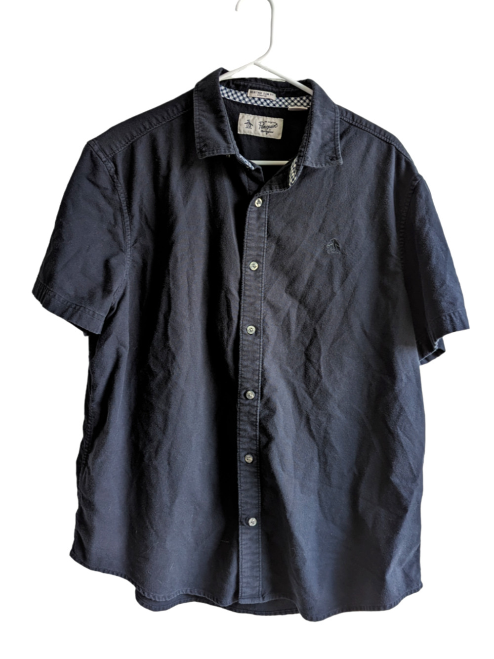 Penguin Men's Navy Short Sleeve Button Up Shirt Slim Fit Stretch Size XL